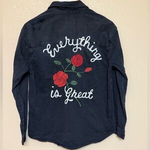 American Eagle Outfitters Embroidered Black Denim Oversized Shirt